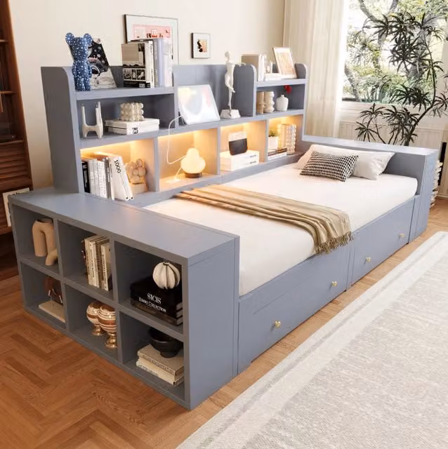 Divano Letto Estraibile in Legno con Spazio Contenitore, LED e Presa Elettrica, 90/180x200 cm, Grigio