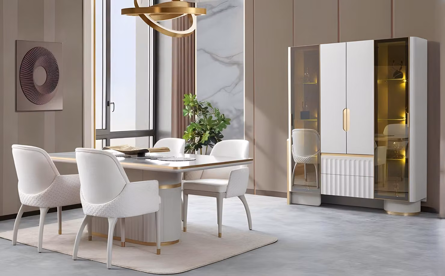 Elegante Esszimmer Garnitur Weißer Esstisch 4x Essstühle Vitrine