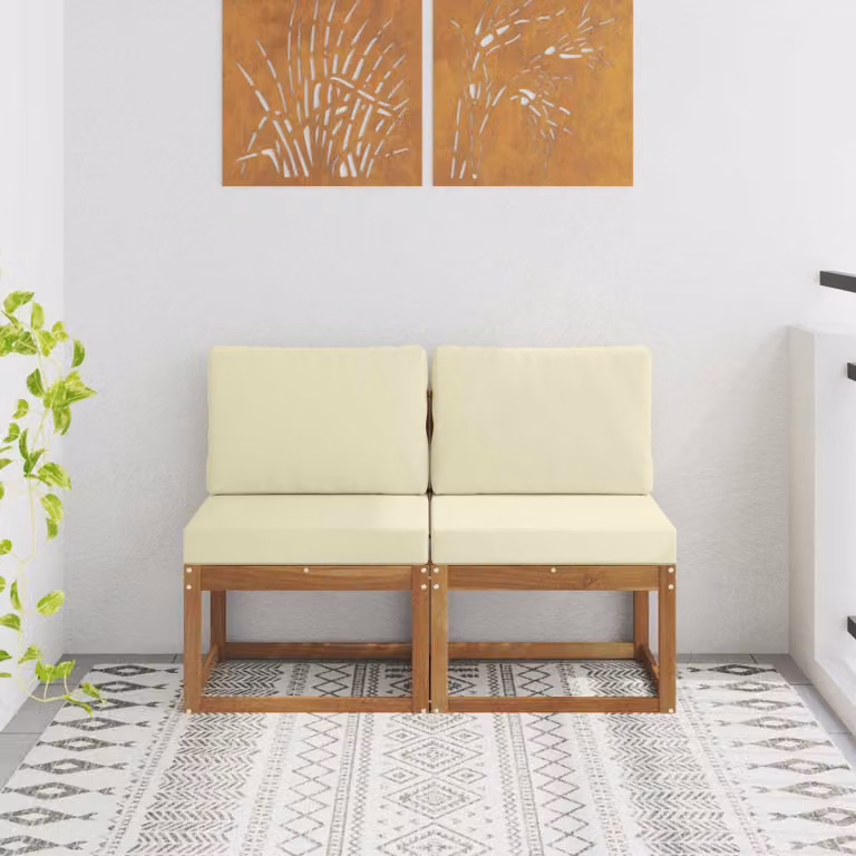 Set di 2 divani centrali da esterno vidaXL in legno di acacia massello con cuscini beige e marrone