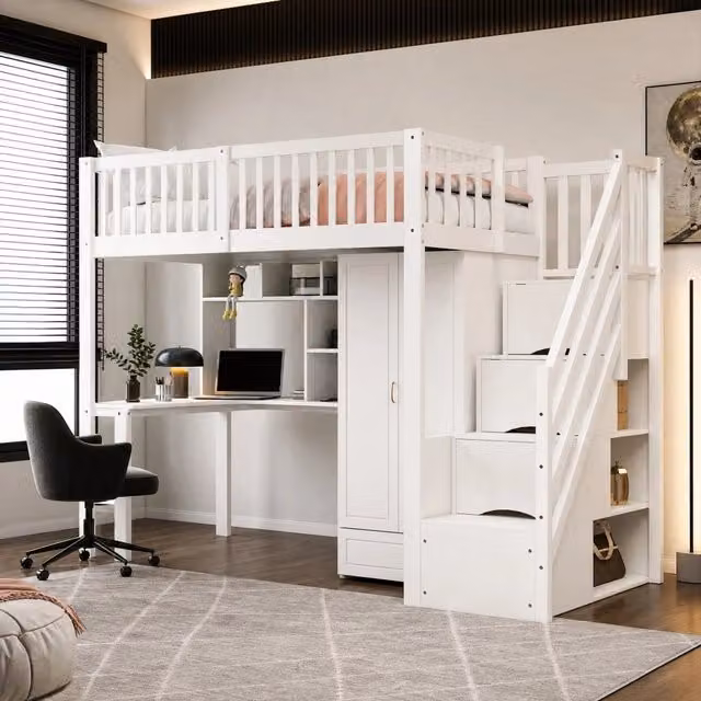 Letto a soppalco ULEVR 90x200 cm con armadio, scrivania, scaffale e scala con cassetti, bianco