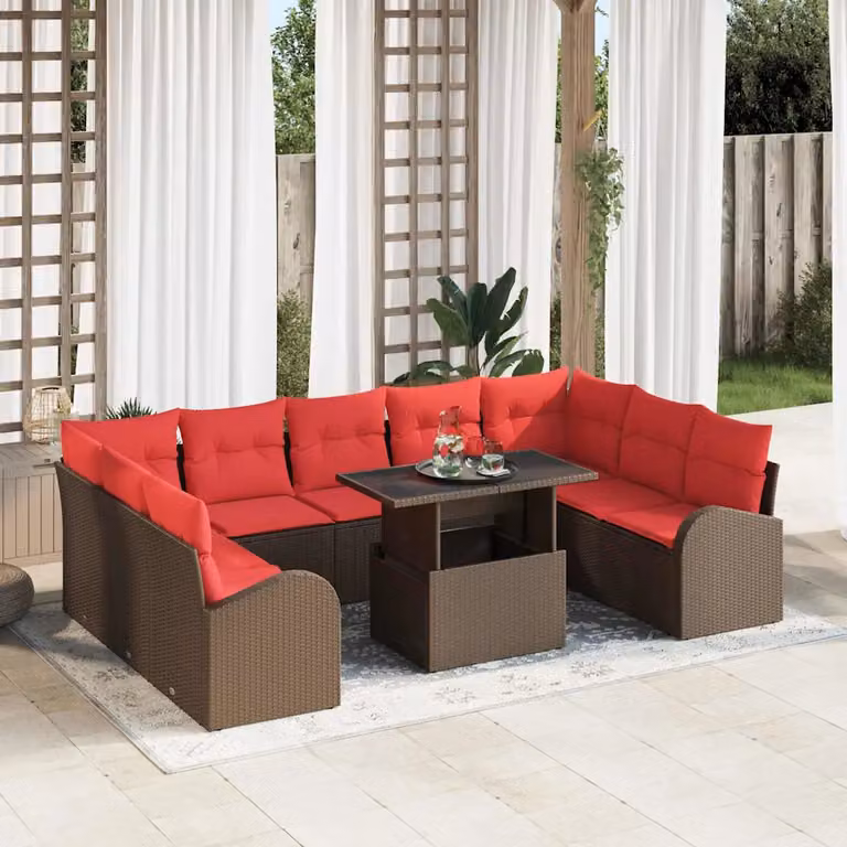 Set Divano da Giardino vidaXL a 9 Posti a Forma di U con Tavolino e Cuscini, Colore Marrone e Rosso, Struttura in Metallo e Rattan con Tessuto Resistente ai Raggi UV