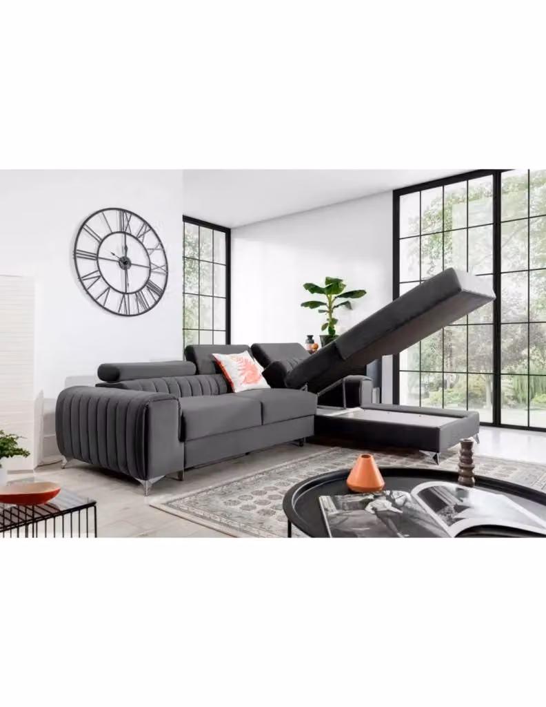 Divano angolare destro JAYSON MEUBLORAMA grigio, modello moderno a 3 posti con funzione letto, seduta elevabile e poggiatesta regolabile, L 278 cm x P 205 cm x H 103 cm – 2