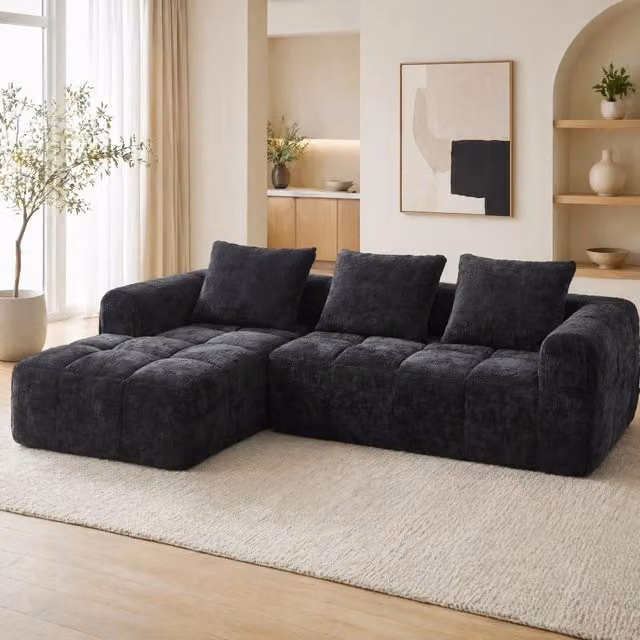 Divano componibile con chaise longue; 3 cuscini; tasche laterali; ciniglia nera; 250 x 158 x 60 cm