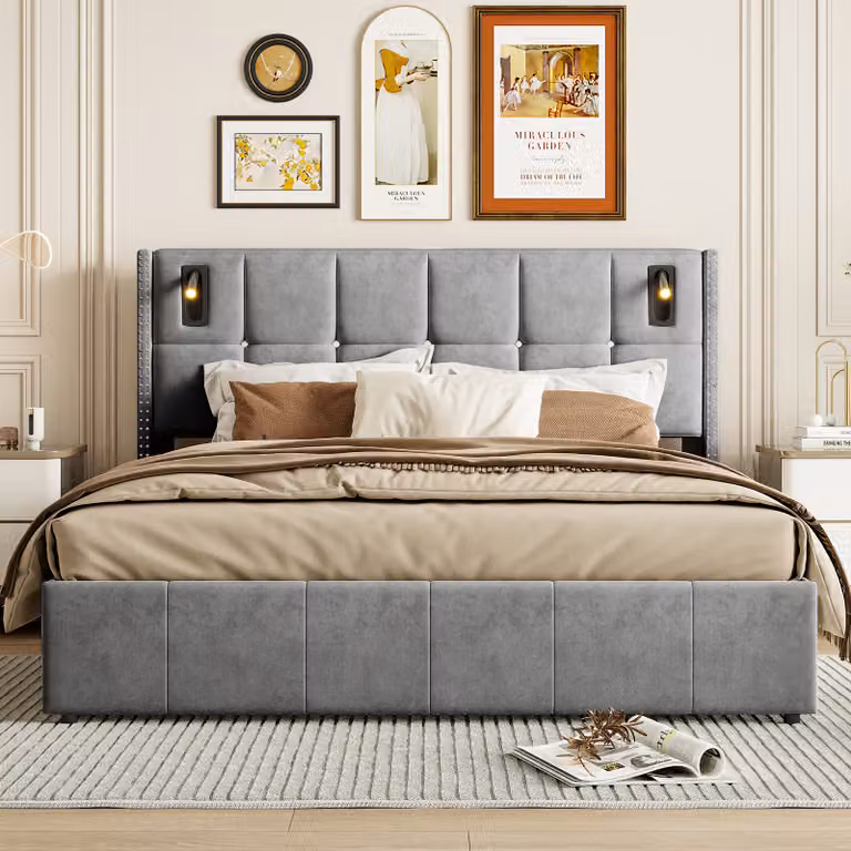 Letto imbottito CDGlobal 160x200cm, letto a molle con rete idraulica, letto con rete a doghe, luce di lettura con funzione di ricarica USB testata, letto contenitore letto matrimoniale letto per ragazzi (grigio, 140x200cm)