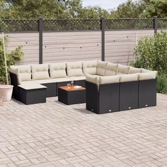 Set di Divani da Giardino VIDAXL a Forma di U in Polyrattan Nero con 13 Pezzi e Cuscini