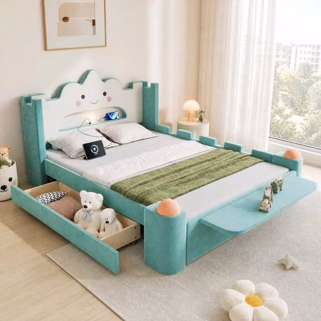 Letto imbottito ULEVR 140x200 cm a nuvola con lampada LED, USB, cassetto e ripiano pieghevole blu-verde