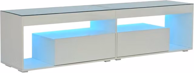 Mobile TV bianco lucido con LED dimmerabili, 2 cassetti, per TV fino a 70 pollici, con ripiani in vetro temperato