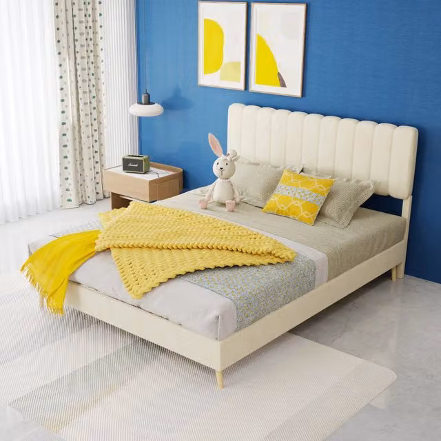 letto imbottito tessuto e metallo beige 140 x 200 cm