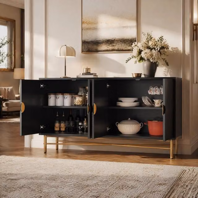 Credenza a 4 ante 160x40x82 cm in MDF e pannello truciolare; nera