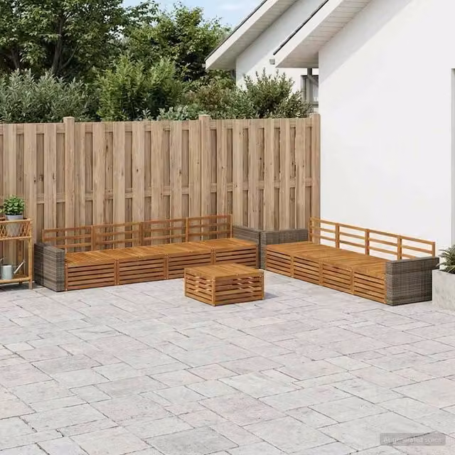 Set di divani da esterno a forma di U vidaXL in legno di acacia marrone con cuscini inclusi e tavolino da caffè