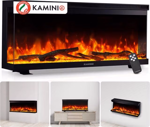 KAMINIO Camino elettrico LEA - Camino 3 in 1 con vista panoramica, riscaldamento, effetto fiamma, 12 colori delle fiamme, telecomando - 36 pollici