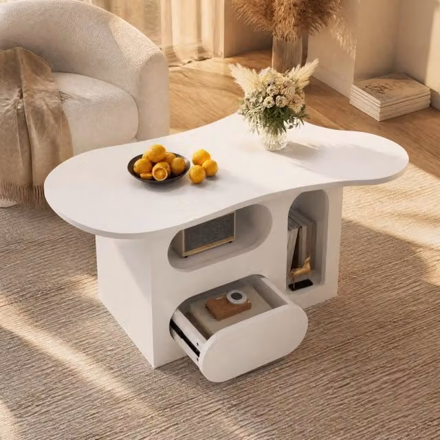 Tavolino da caffè a forma di nuvola bianco con cassetti e vani aperti, 97 cm