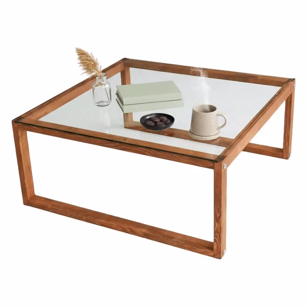 Tavolino da salotto moderno DMORA con piano in vetro trasparente e struttura in legno marrone, L/P/H: 90 x 90 x 40 cm – 2