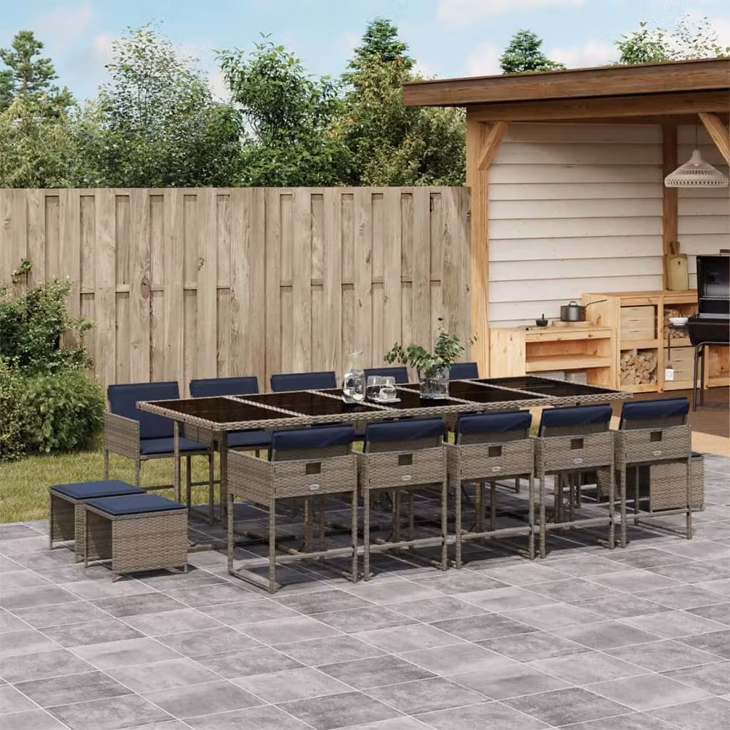 Set da pranzo da giardino vidaXL in polyrattan con cuscini da 15 pezzi, tavolo rettangolare con piano in vetro e sedie moderne, colore grigio