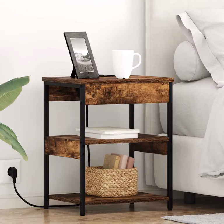 Armadio da notte vidaXL in legno e metallo stile rustico, colore rovere fumé, L 41 cm x P 31 cm x H 51 cm