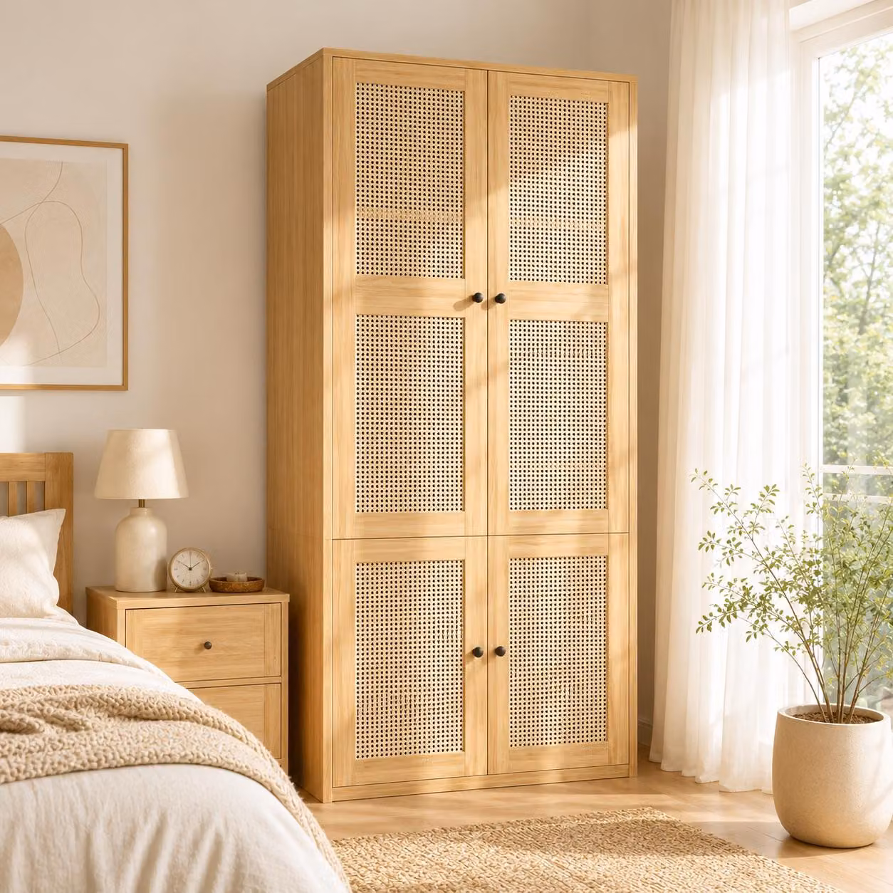 Armadio in rattan, pensile con appendiabiti e cassetti, mobile alto con vani portaoggetti, dimensioni 90 x 47 x 200 cm, colore naturale, materiale: MDF