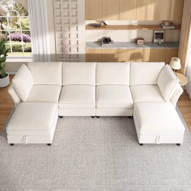 Divano modulare a U beige 289 x 137 x 84 cm; sei posti con pouf contenitore; ciniglia