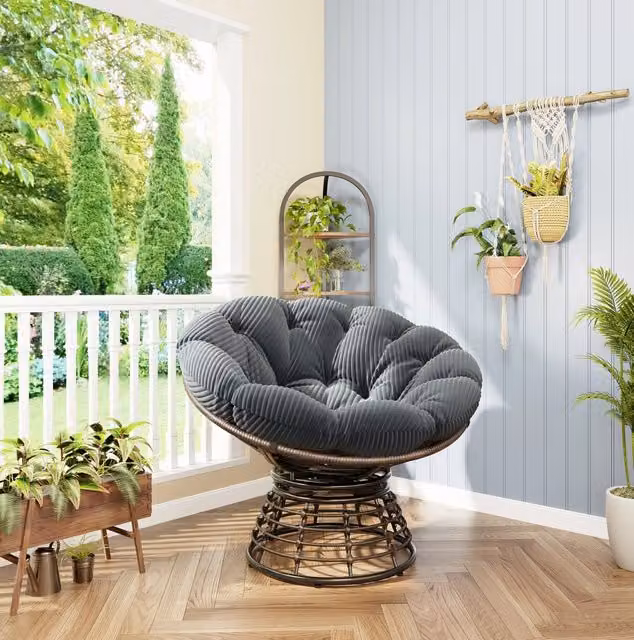 Poltrona Papasan girevole 360° con cuscino grigio Ø92 cm