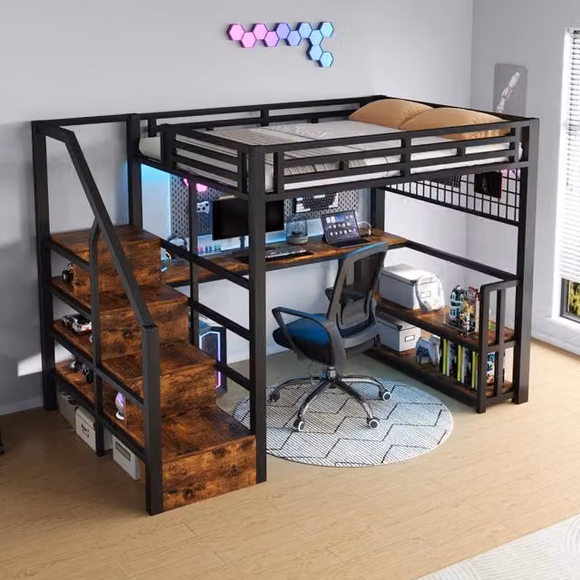 Letto a soppalco 140 × 200 cm con scrivania, ripiani, scala contenitore e luci LED, senza materasso, nero