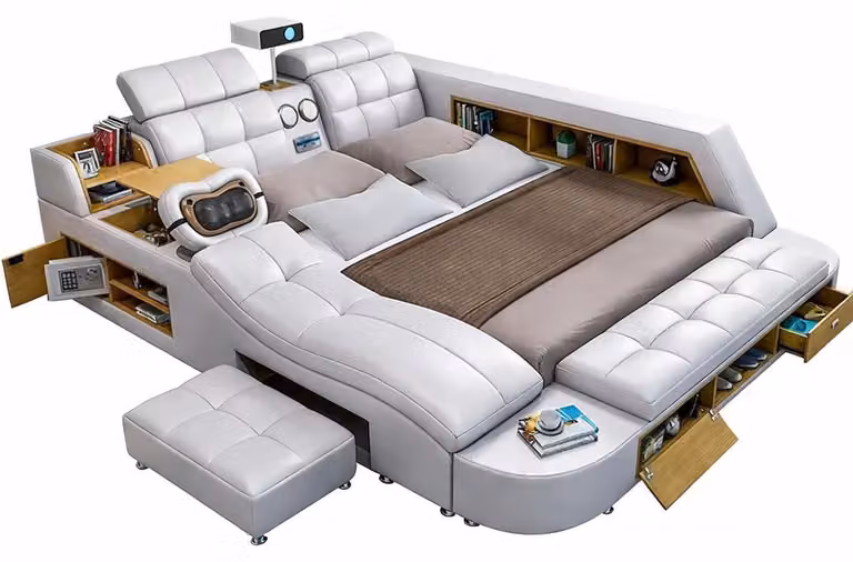 Letto multifunzionale, stile moderno, color beige, struttura in legno, comodo