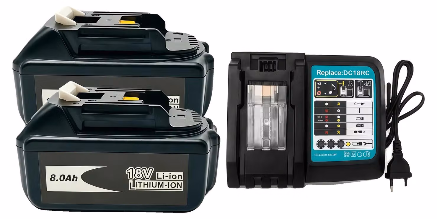 Batteria agli ioni di litio, capacità 8000 mAh, compatibile con utensili elettrici, caricabatterie per 2 batterie, 18V