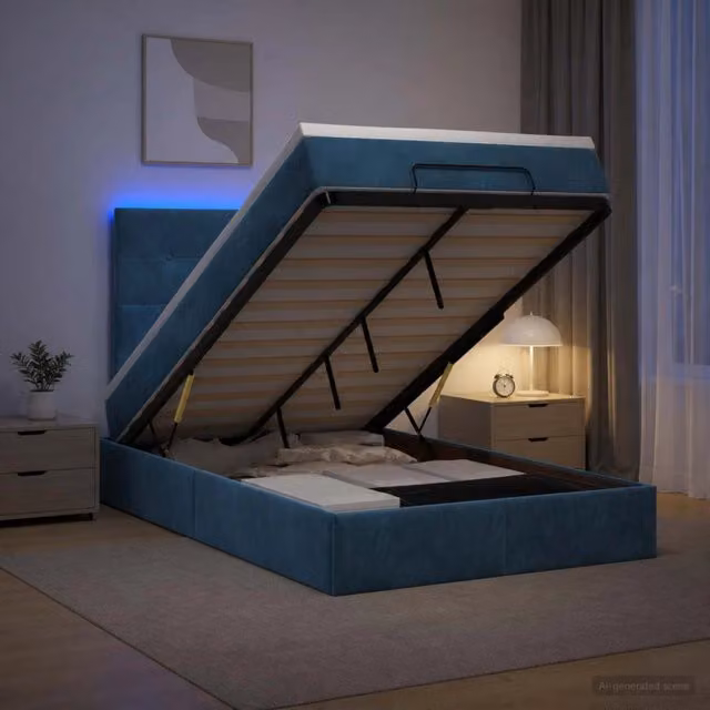 Letto Ottomano Moderno vidaXL in Velluto Blu e Bianco con Base a Sollevamento, Materasso Ibrido e Illuminazione LED Sotto il Letto, L/P/H: 120 x 200 x 88 cm