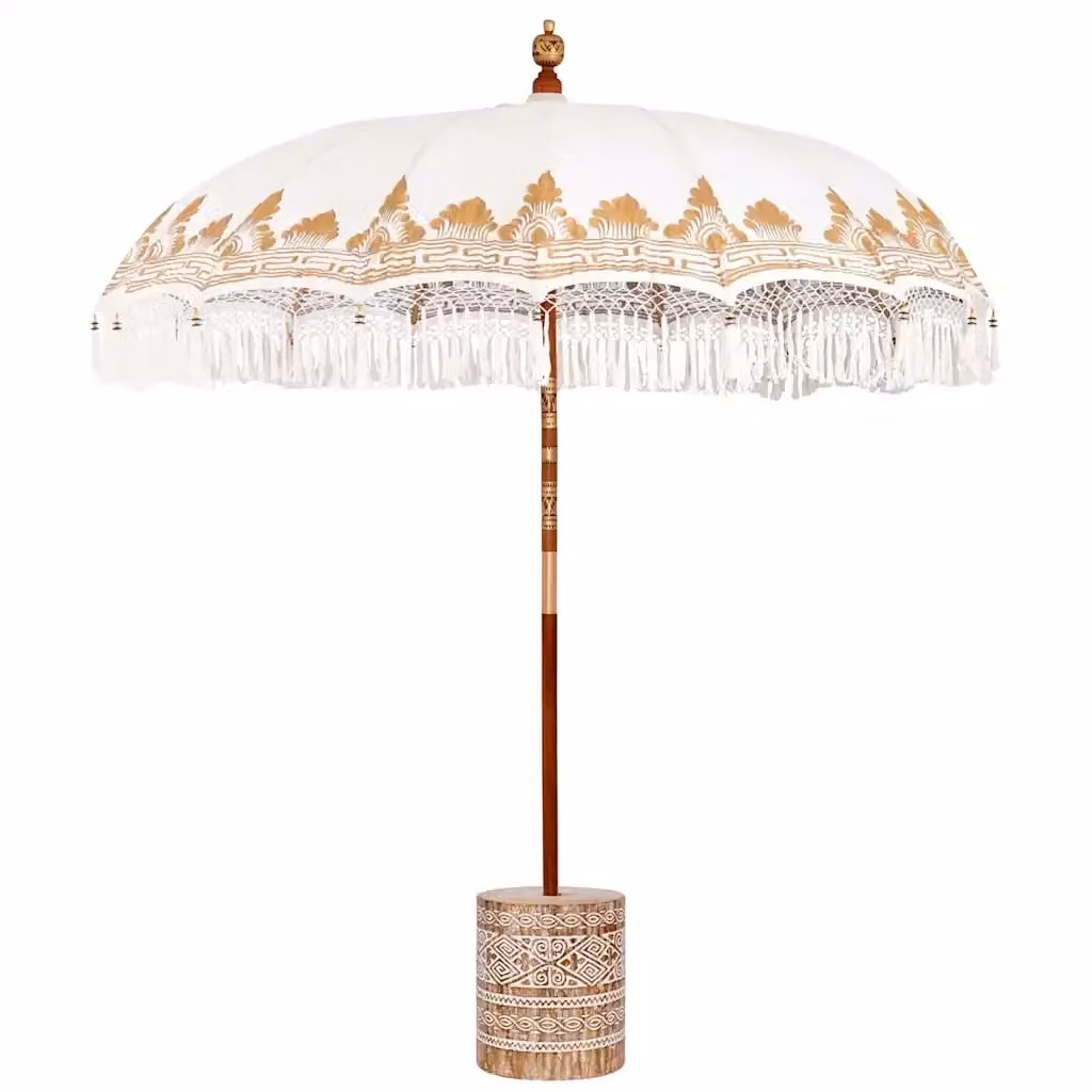 Ombrello balinese vidaXL con base in legno e bambù, colore beige e bianco, Ø: 220 cm – 2