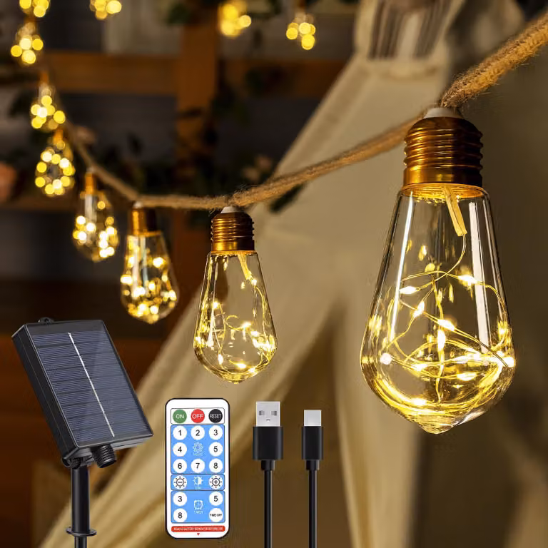 Catena luminosa solare, 8 metri, 16 lampadine LED, luce bianco caldo, grado di protezione IP45