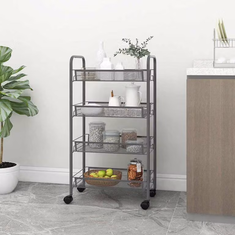 vidaXL Carrello da Cucina Moderno in Metallo Grigio con 4 Ripiani e Ruote L/P/H: 46 x 26 x 85 cm