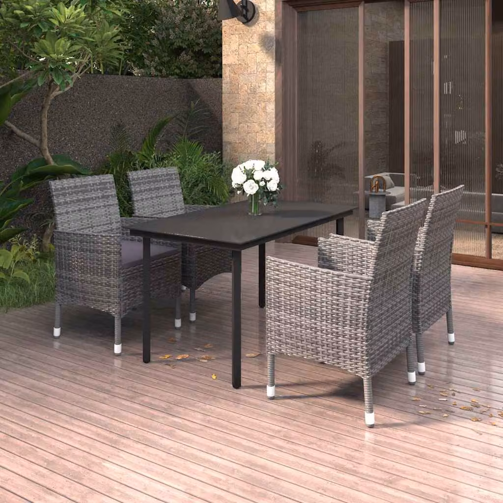 Set da pranzo da giardino vidaXL in polyrattan con tavolo in vetro e 5 sedie con cuscini, grigio e nero