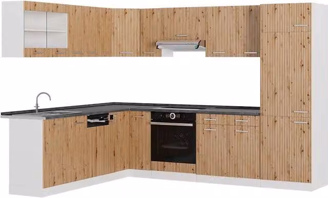 Cucina angolare completa R-Line Vicco in Rovere e Bianco con piano Antracite, L/P/H: 287 x 227 x 60 cm
