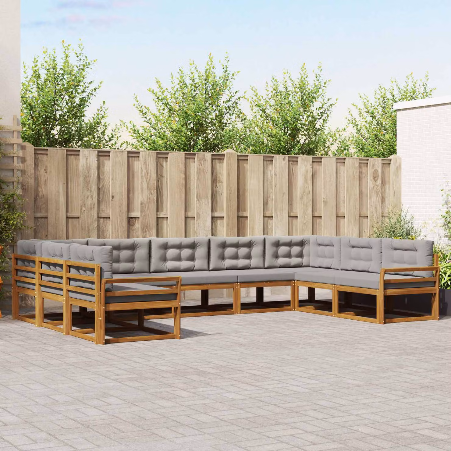Set di divani da esterno a forma di U vidaXL in legno di acacia con cuscini, 9 pezzi, Grigio e Marrone