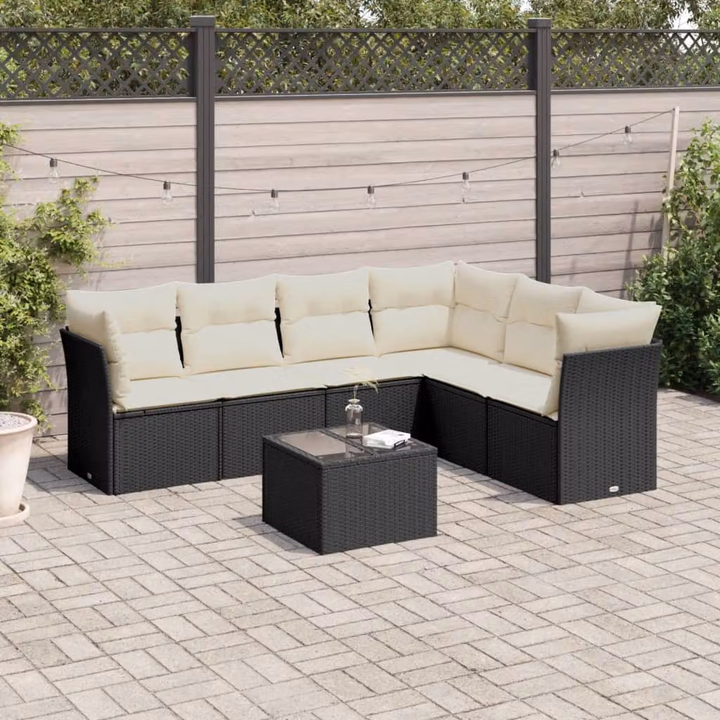 vidaXL Set Divani da Giardino a L con Cuscini e Tavolino, 7 Pezzi, Nero e Bianco, Struttura in Metallo e Polyrattan con Tessuto Resistente ai Raggi UV – 1
