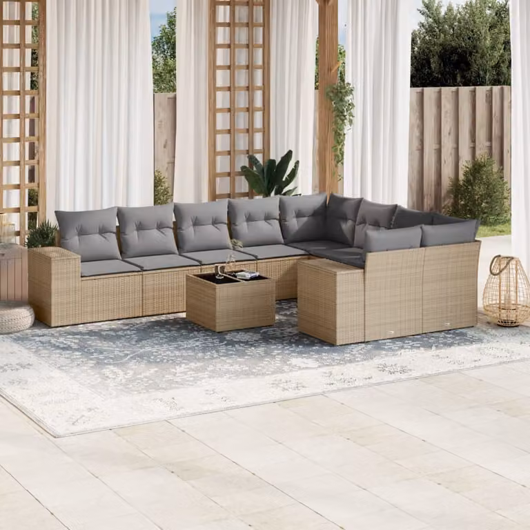 vidaXL Set Divano da Giardino 10 pz in Polyrattan con Cuscini Beige e Tavolino da Esterno