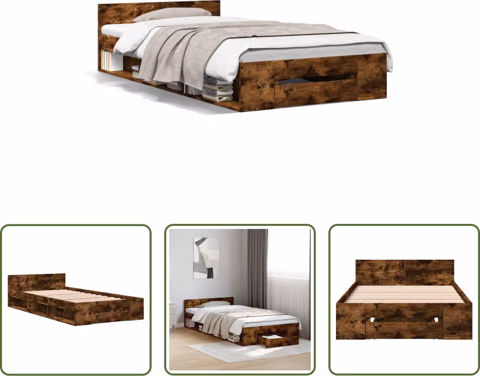 The Living Store Struttura letto con cassetto in rovere fumé 75x190 cm Materiale legno