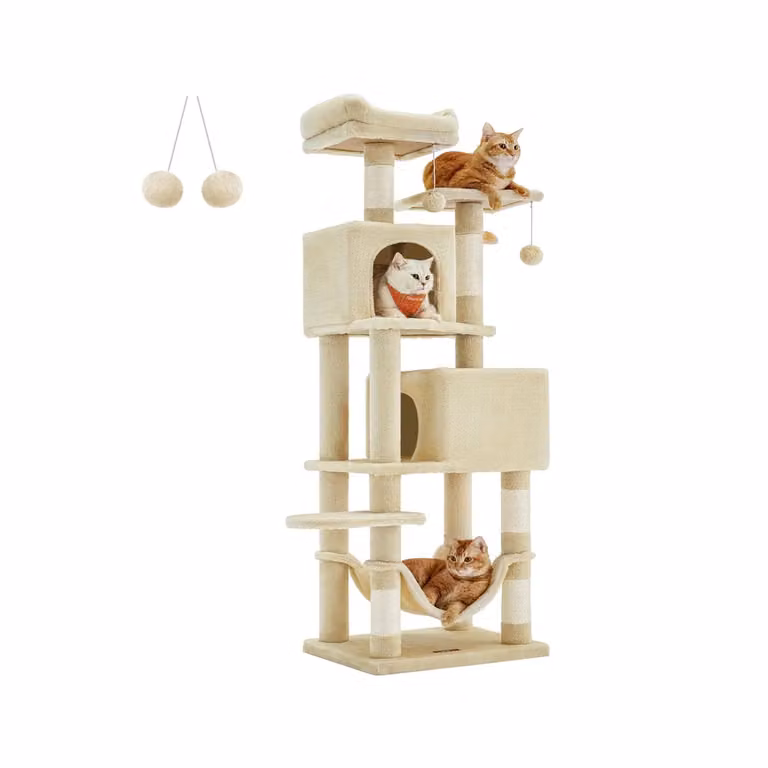 Albero per Gatti Alto con Pali Graffiatoi Posatoi Grotte Amaca Pompon, Beige