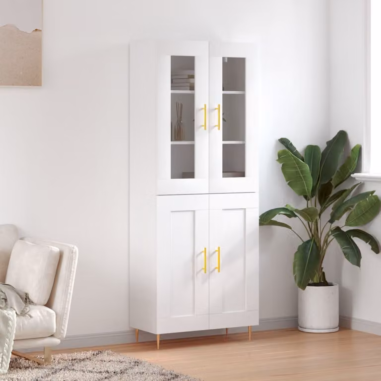 Credenza moderna vidaXL bianca con ante in vetro e ripiani interni, L: 69,5 cm, P: 34,0 cm, H: 180,0 cm
