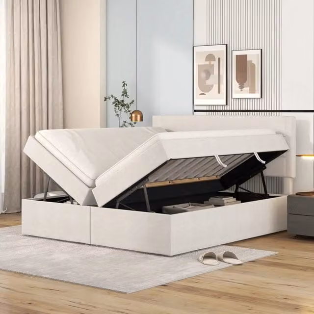 Letto Matrimoniale REDOM Beige con Contenitore e Rete Sollevabile L/P: 140 x 200 cm
