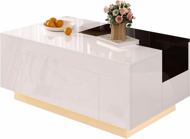 Tavolino AIORBER lucido con LED, piano allungabile, cassetto, vano portaoggetti nascosto, 16 colori di luce, bianco-nero