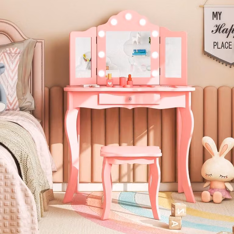 Toeletta per bambini 2 in 1 con luci a LED, specchio pieghevole e cassetti Rosa