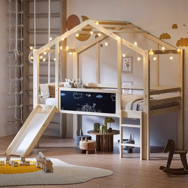 Letto a soppalco Mivray per bambini in legno massiccio con struttura a casetta, scivolo, scala e lavagna, colore legno naturale, L/P/H: 204 x 90 x 159 cm