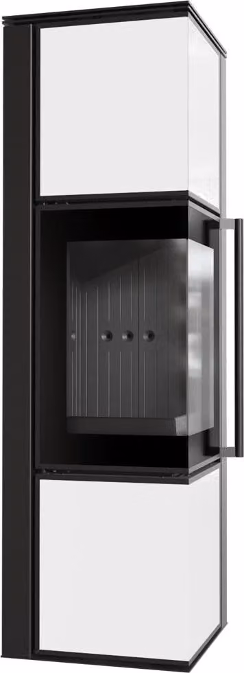 Stufa in acciaio KRATKI TORA/M 8 kW Ø 150 Pannello in vetro bianco rivestimento nero con porta a molla
