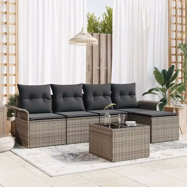 Set da giardino vidaXL composto da 6 pezzi in polyrattan grigio con cuscini e tavolino coordinato