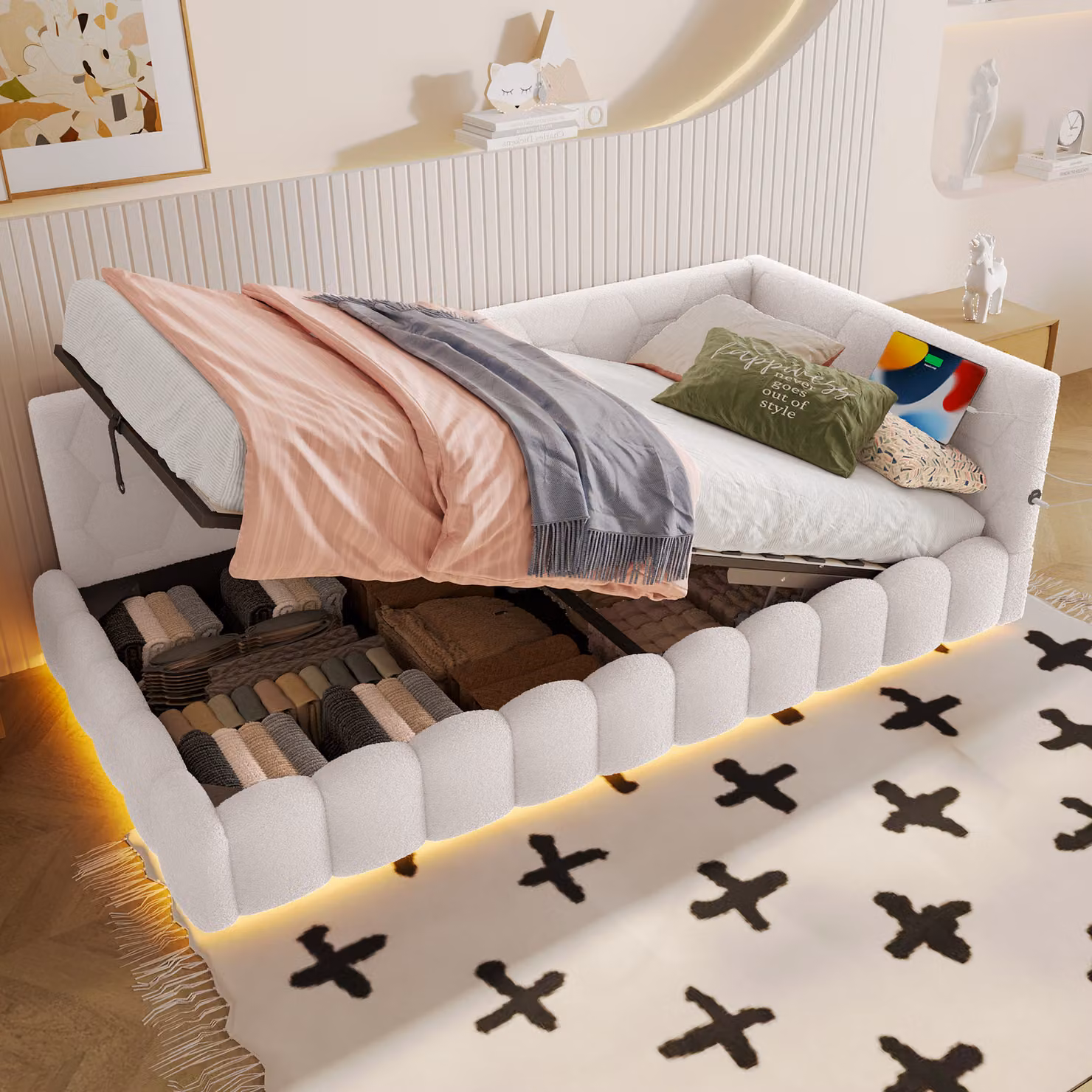 Flieks letto imbottito idraulico daybed 90x200cm, divano letto con USB e Type-C, letto giovanile daybed con LED, letto contenitore in similpile, bianco