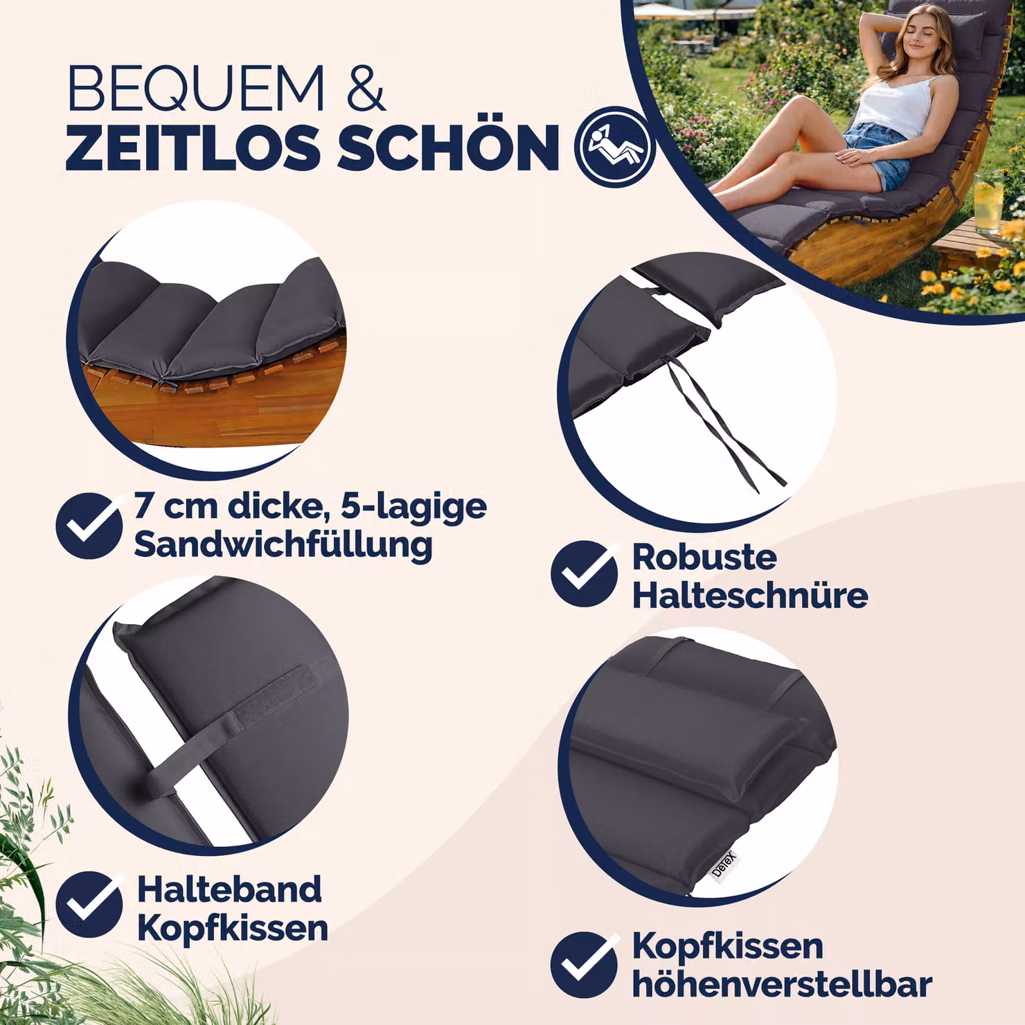 Cuscino imbottito rettangolare Detex per lettino da sauna colore antracite L: 177 cm, P: 58 cm, H: 7 cm – 2