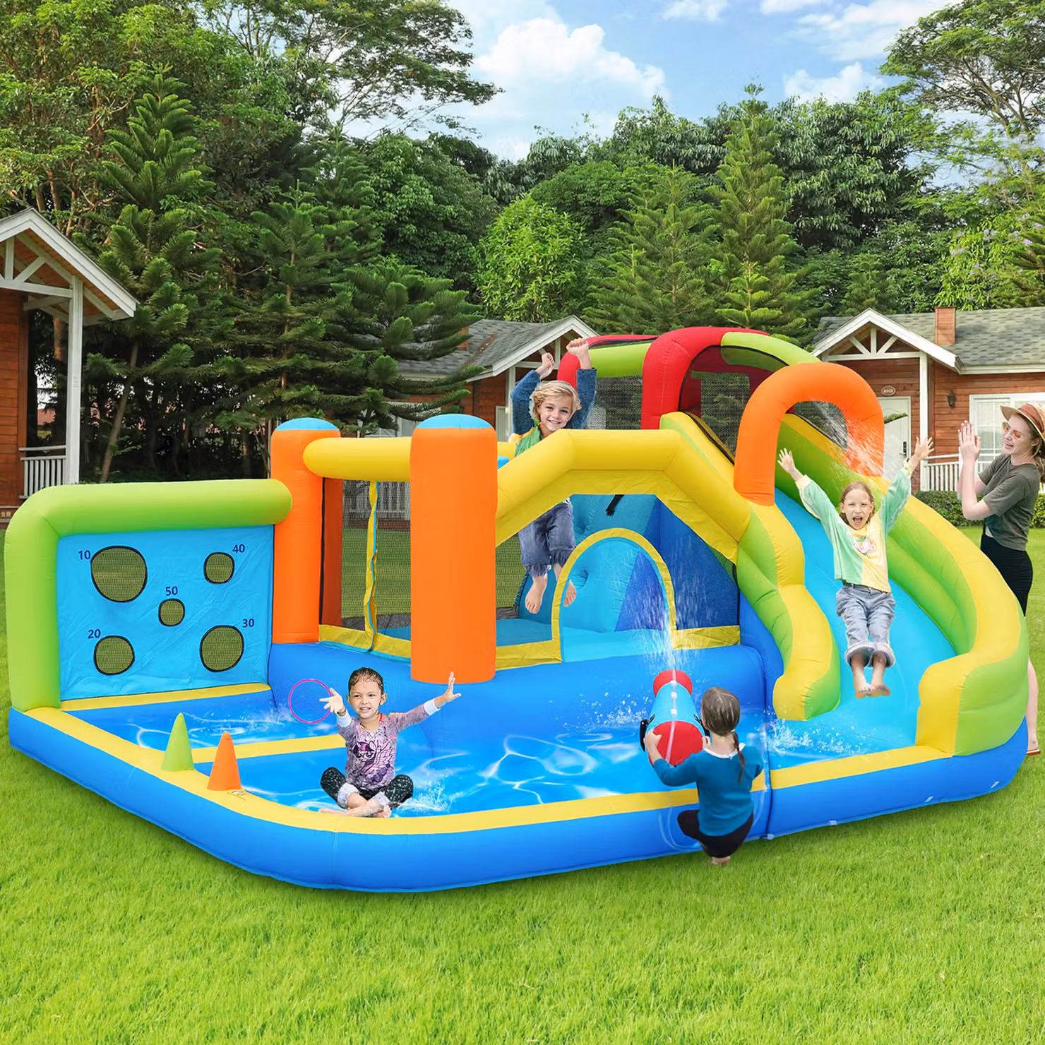 Castello gonfiabile Aosom con scivolo d'acqua, trampolini e soffiatore, Parco acquatico multifunzionale Blu e multicolore, L: 410 cm, P: 315 cm, H: 203 cm – 2