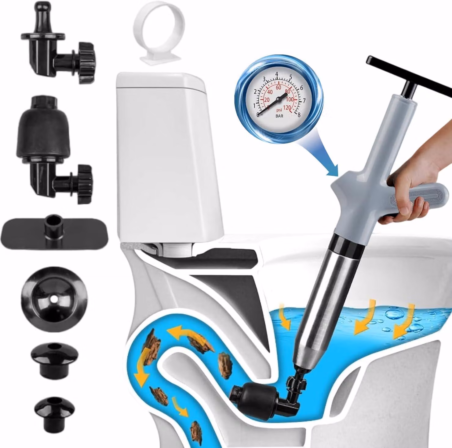 Sgrassatore per lavandini, sgrassatore per WC, detergente per scarichi, sistema di spurgo ad aria per WC, lavandini, vasche da bagno e scarichi a pavimento (grigio)