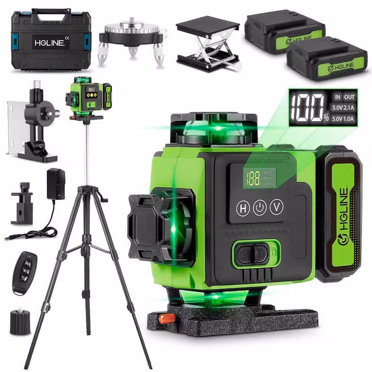 Livella laser 4D - Laser a 16 linee, con incrocio di linee - Rotazione orizzontale/verticale a 360° - Raggio verde da 515 nm - Autolivellante ±3° - Telecomando tramite app, portata 25 m - 2 batterie da 6000 mAh - Spina di alimentazione per l'Unione Europe