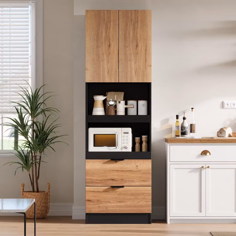 Armadio alto da cucina Abrihome, 200 cm, mobile contenitore con ante, cassetti, ripiano per microonde, sistema di sicurezza anticaduta, mobile portaoggetti, mobile multifunzionale, colore marrone