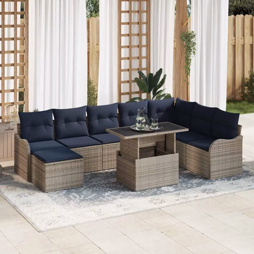 Set Divano da Giardino vidaXL 9 pz in Rattan Grigio con Cuscini e Tavolino da Caffè